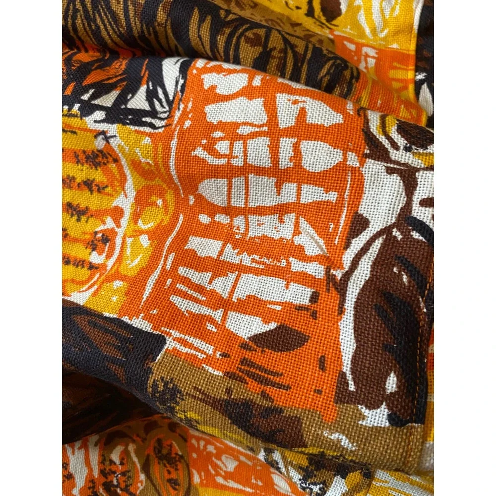 Vintage 60s Abstract Geometric Barkcloth Curtain Panel Orange Yellow Brown MCM